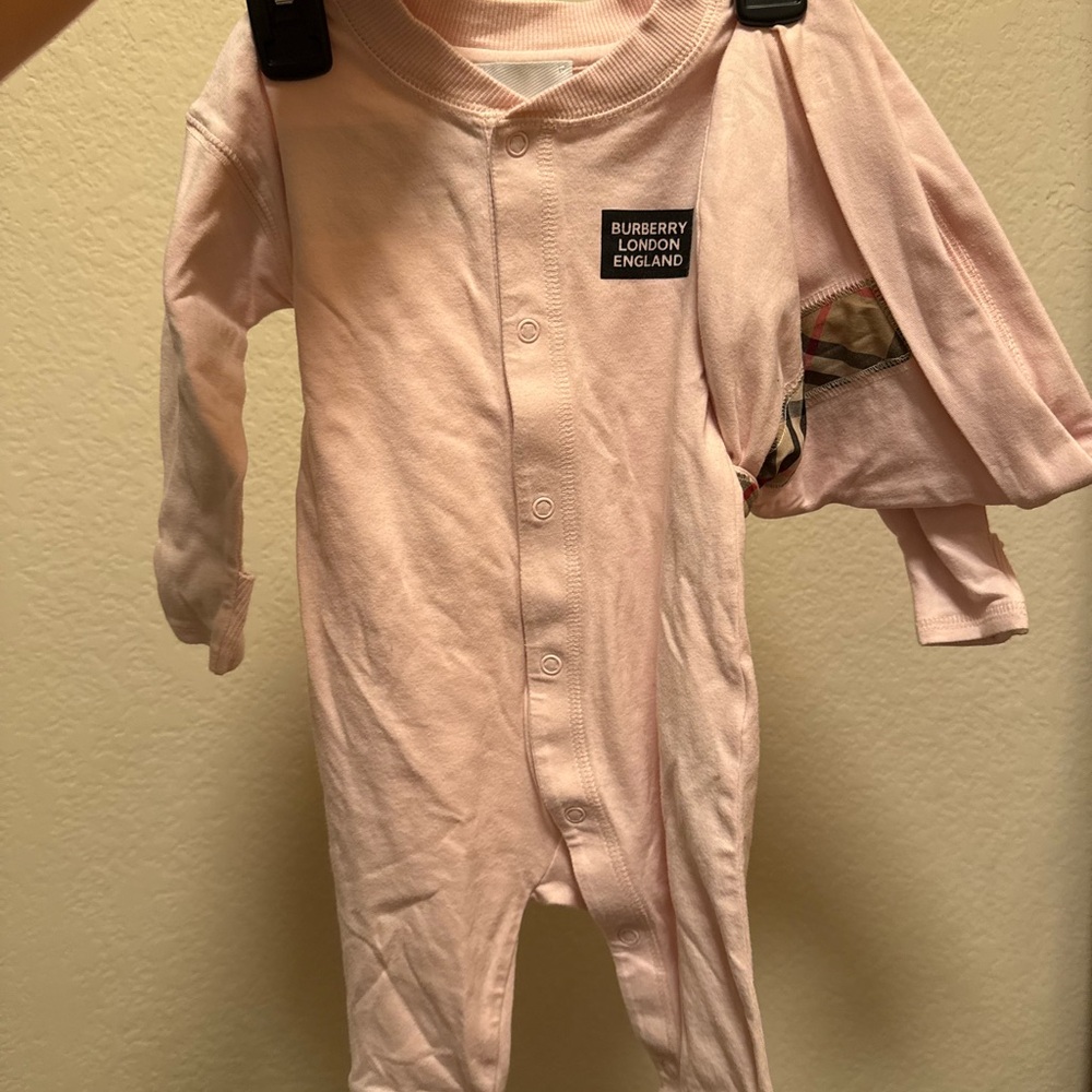 Burberry Pale Pink Infant One-Piece Footie with Signature Check Trim